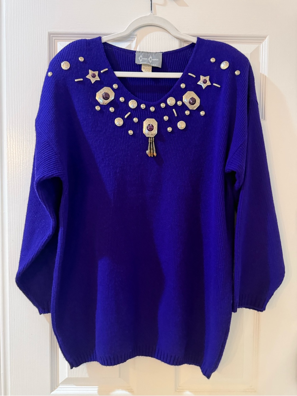 Vintage 1990’s Cover Charge Embellished V-Neck Sweater in Deep Purple